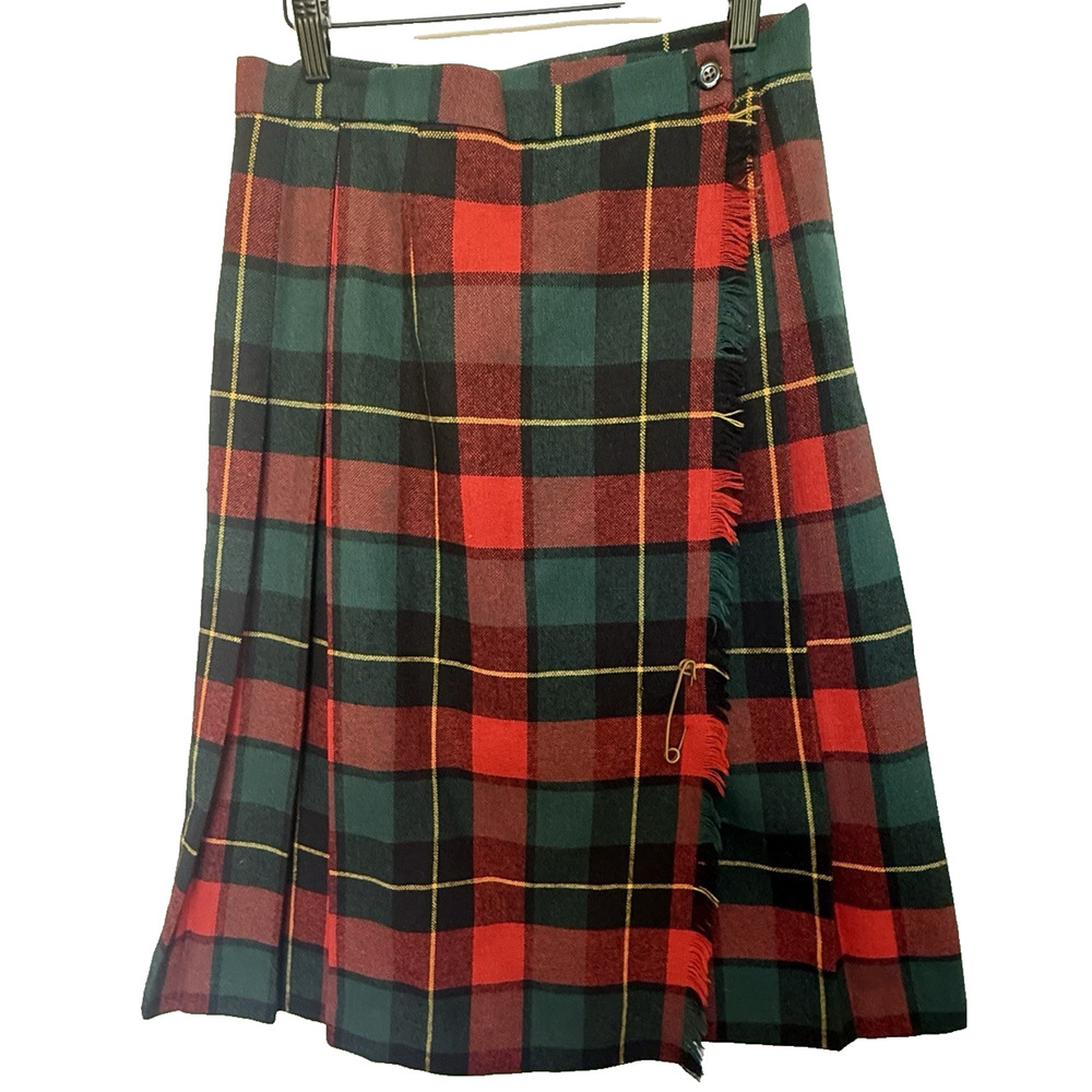 Vintage 70s Wool Plaid Wrap Pleated Kilt Skirt Size M Tartan Fringe Union USA